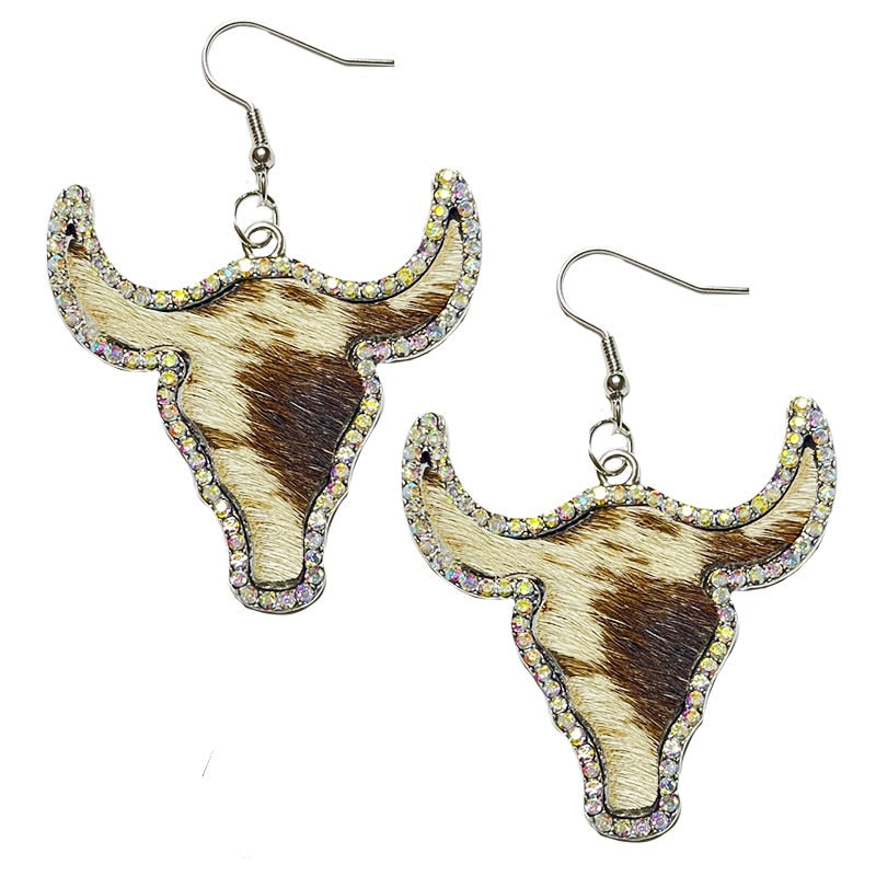 LARGE TEXAS LONGHORN EARRINGS Cowhide White Black Center Leather Western Jewelry Stud Taurus Earrings Bull Skull Valentines Gift