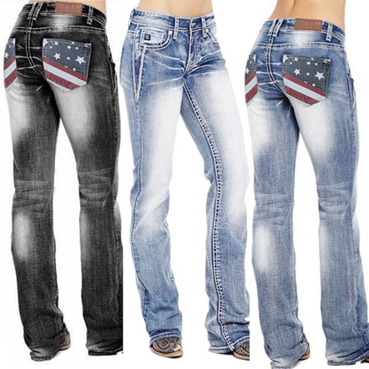 Jeans Women American Flag Stretch Washed Bootcut Jeans Lady High Waist Vintage Pants Calça Jeans Feminina Bootcut Vaqueros 2022